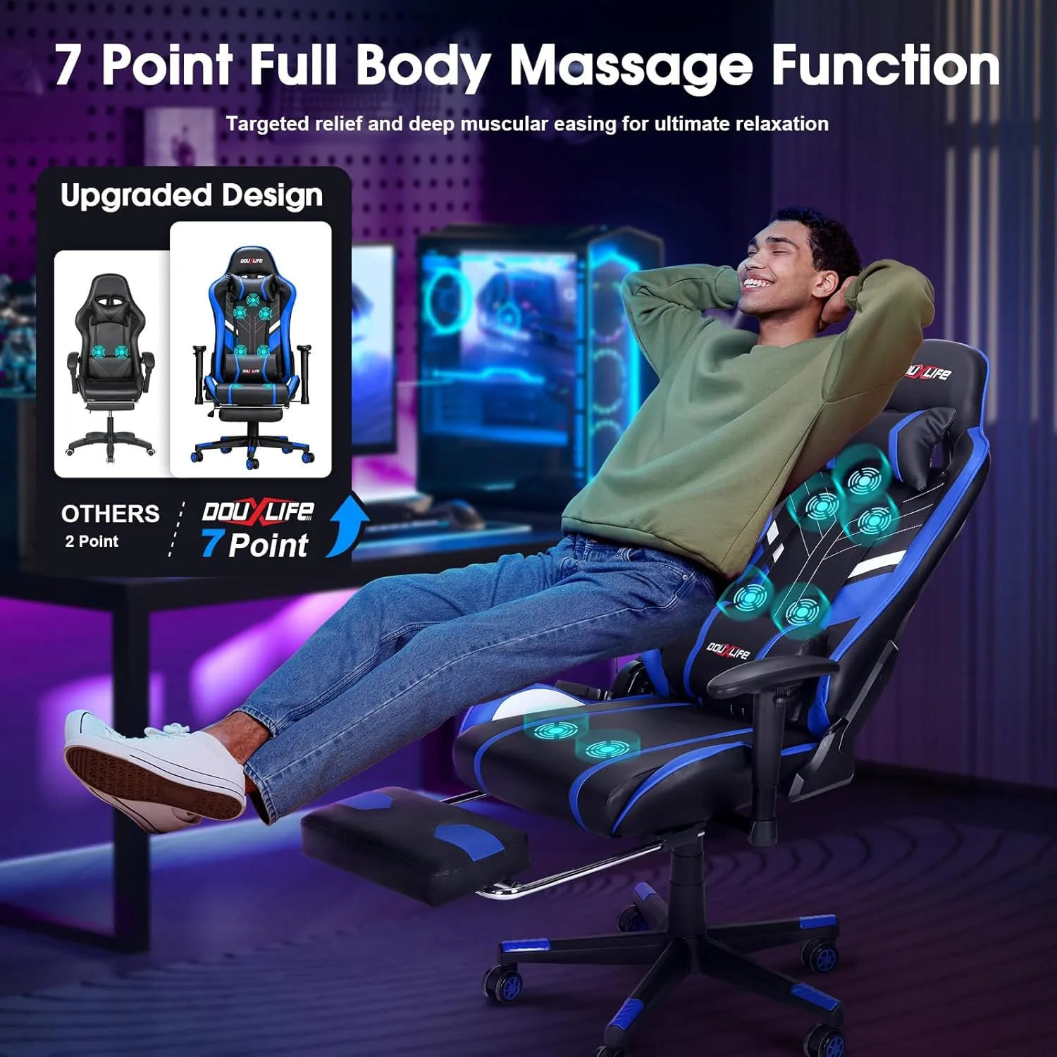 7-Point Massage Gaming Chair, 175° Gaming Recliner with Footrest Ergonomic Computer Office Chair High Back Video Game Chair with Lumbar Support, Upgraded Version Navy Blue