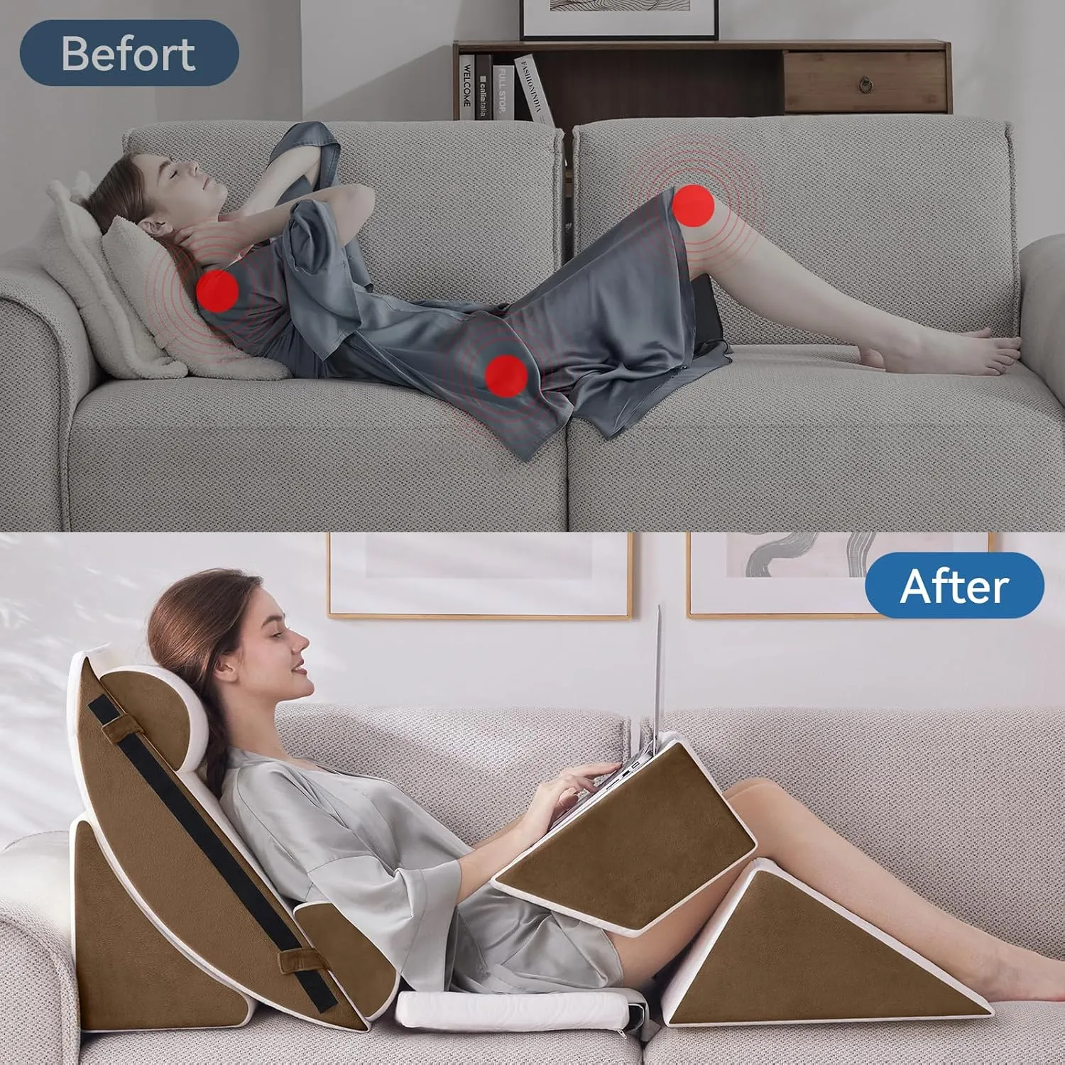 7PCS Orthopedic Bed Wedge Pillow Set for Sleeping, Post Surgery Foam Support Pillow for Back, Neck, Leg Pain Relief and Acid Reflux, Comfortable Adjustable Sitting Back Pillow Brown