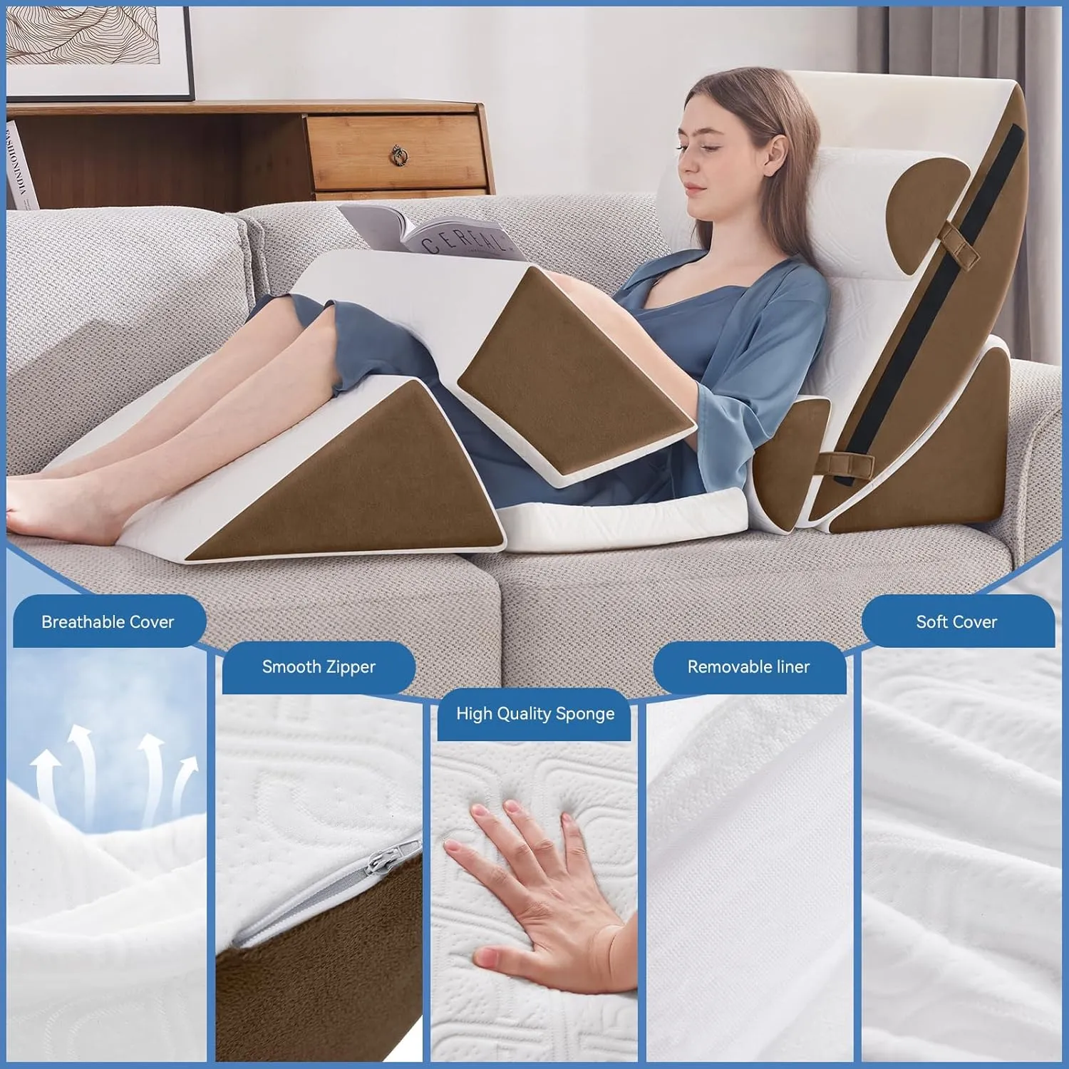 7PCS Orthopedic Bed Wedge Pillow Set for Sleeping, Post Surgery Foam Support Pillow for Back, Neck, Leg Pain Relief and Acid Reflux, Comfortable Adjustable Sitting Back Pillow Brown