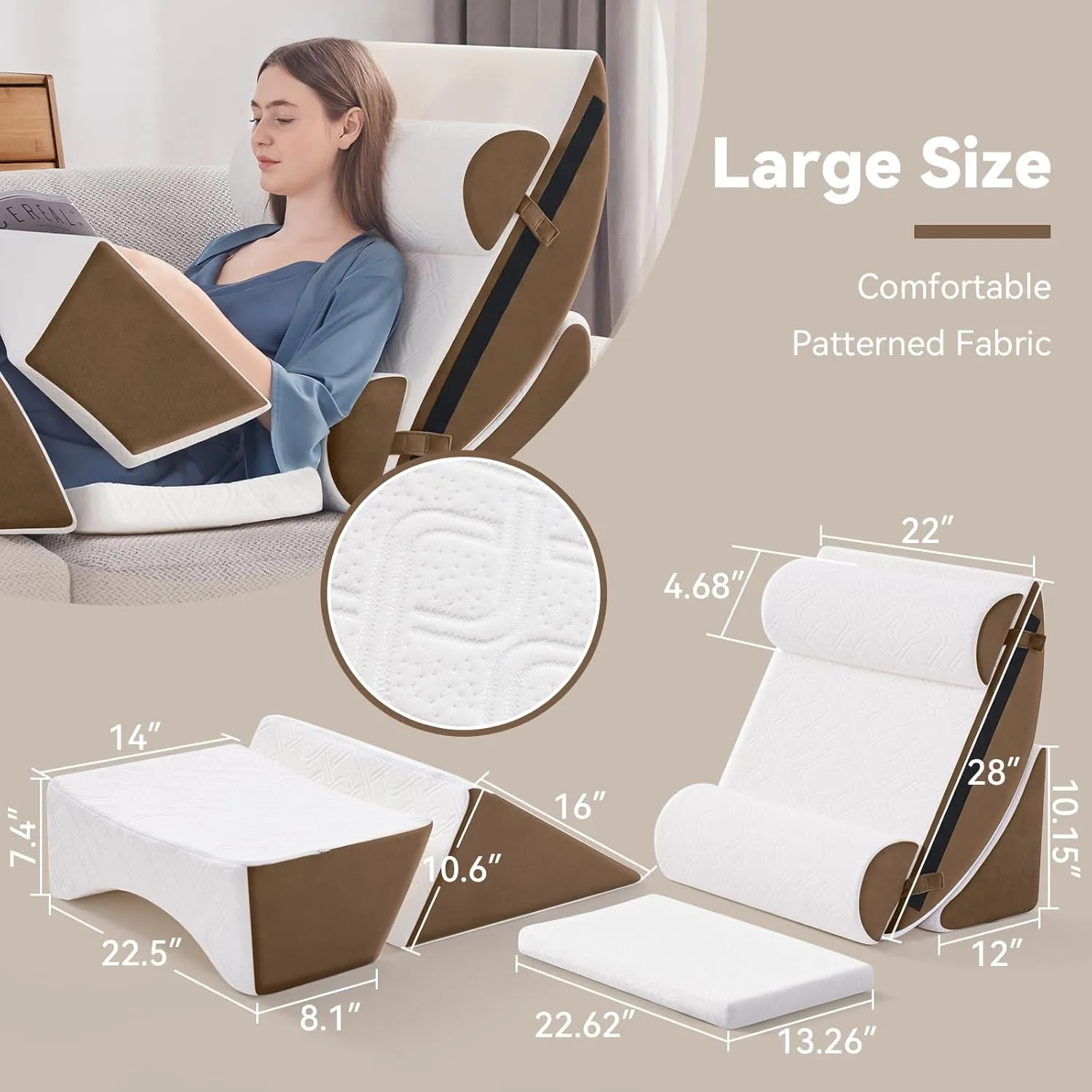 7PCS Orthopedic Bed Wedge Pillow Set for Sleeping, Post Surgery Foam Support Pillow for Back, Neck, Leg Pain Relief and Acid Reflux, Comfortable Adjustable Sitting Back Pillow Brown