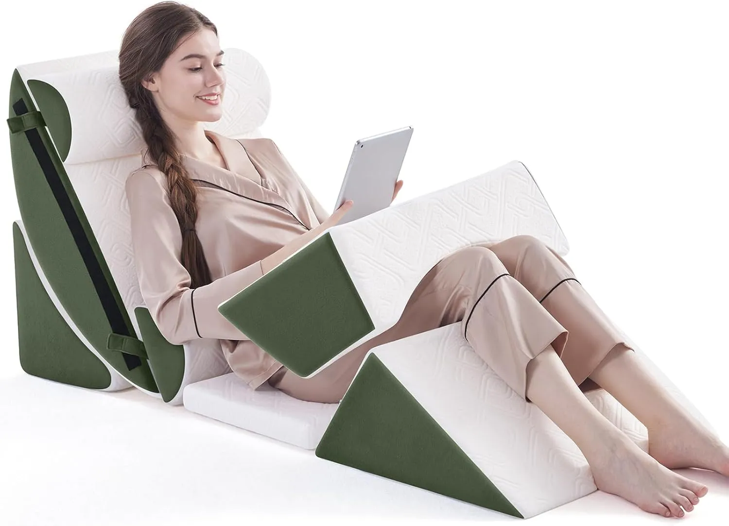 7PCS Orthopedic Bed Wedge Pillow Set for Sleeping, Post Surgery Foam Support Pillow for Back, Neck, Leg Pain Relief and Acid Reflux, Comfortable Adjustable Sitting Back Pillow Green