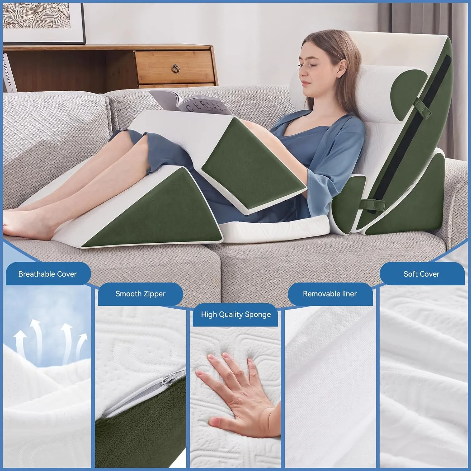 7PCS Orthopedic Bed Wedge Pillow Set for Sleeping, Post Surgery Foam Support Pillow for Back, Neck, Leg Pain Relief and Acid Reflux, Comfortable Adjustable Sitting Back Pillow Green