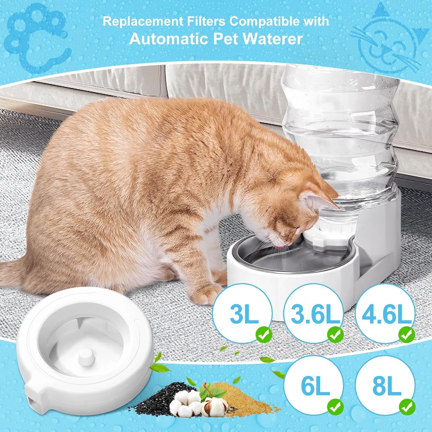 8 Pack Replacement Filters for 3.6L/4.6L/6L/8L Gravity Pet Water Dispenser, YOIHABV Dog Water Filter Replacement, Triple Filtration Pet Fountain Filter, Water Feeder Filter for Cat and Dog(1 Brush)