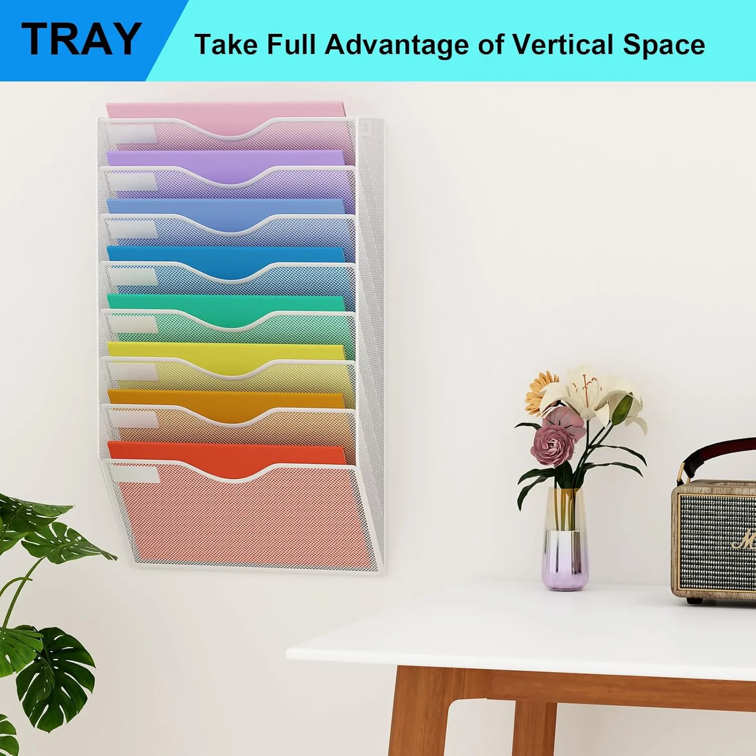 8 Pockets Mesh Hanging Wall File Holder Organizer Wall Mounted Paper Magazine Rack, White