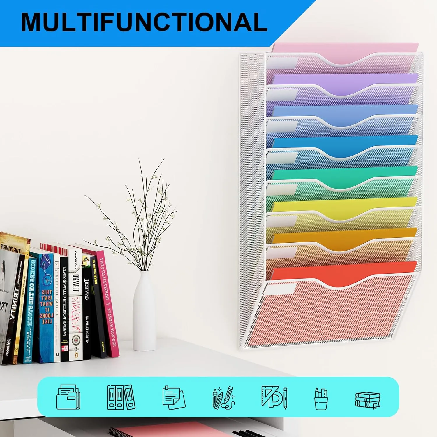 8 Pockets Mesh Hanging Wall File Holder Organizer Wall Mounted Paper Magazine Rack, White