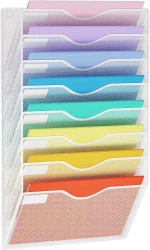 8 Pockets Mesh Hanging Wall File Holder Organizer Wall Mounted Paper Magazine Rack, White