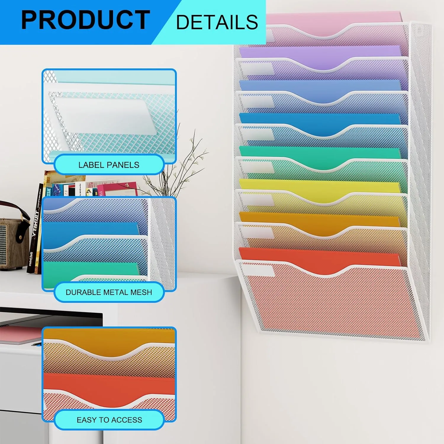 8 Pockets Mesh Hanging Wall File Holder Organizer Wall Mounted Paper Magazine Rack, White