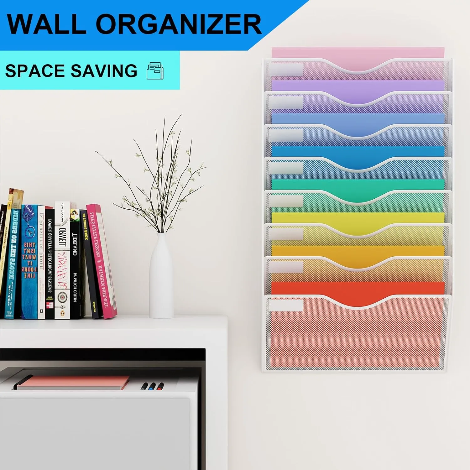 8 Pockets Mesh Hanging Wall File Holder Organizer Wall Mounted Paper Magazine Rack, White