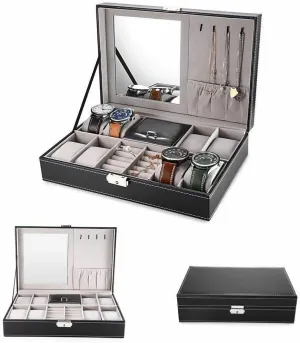 8 Slot Watch Box PU Leather Box Jewelry Case Storage Organizer Space Saving (Black)