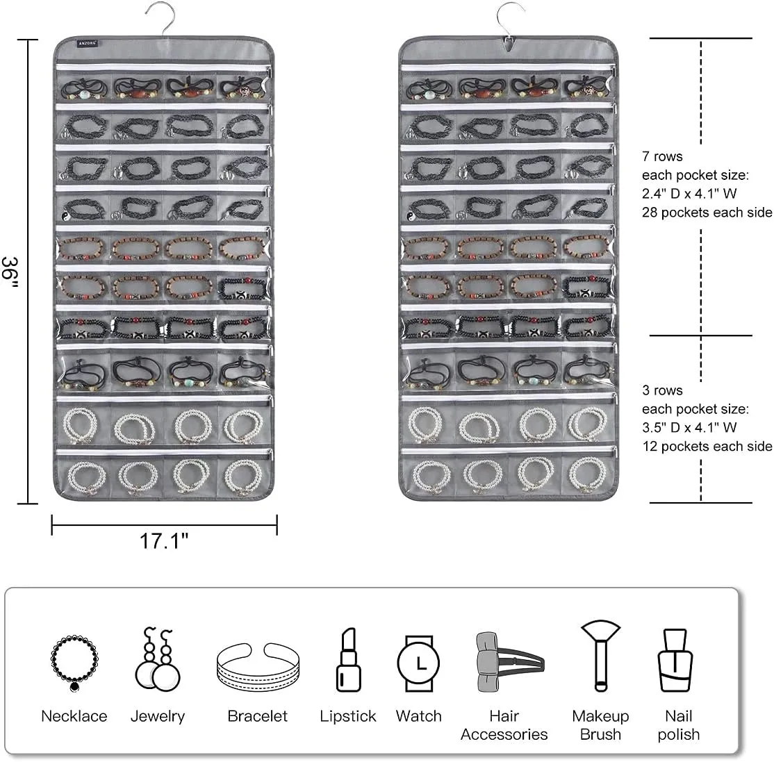 80 Zippered Pockets Hanging Jewelry Organizer for Holding Jewelries Dual-Sided Accessory Display Holder for Earrings Bracelets Rings (80 Zippered Pockets-Grey)