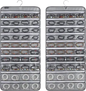 80 Zippered Pockets Hanging Jewelry Organizer for Holding Jewelries Dual-Sided Accessory Display Holder for Earrings Bracelets Rings (80 Zippered Pockets-Grey)