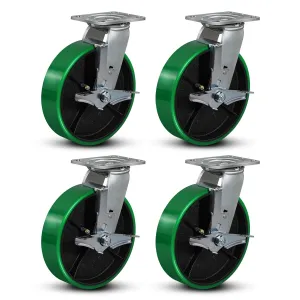 8"x2" Heavy Duty Casters- Polyurethane Casters Wheel, Casters Set of 4 Heavy Duty, Capacity up to 6000 Lb. Use for Platform Truck, U-Boat Cart, Workbenches (4 Brake)