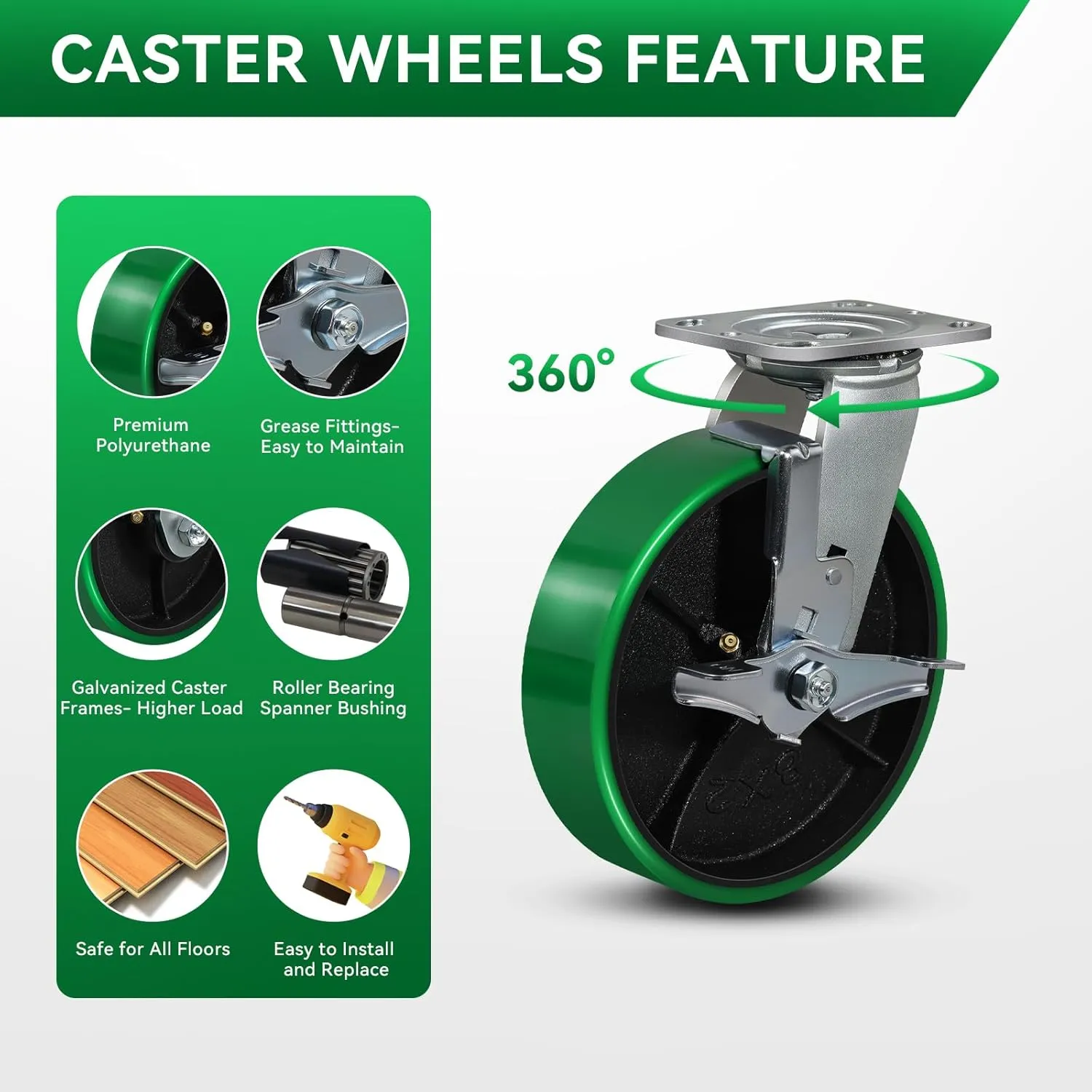 8"x2" Heavy Duty Casters- Polyurethane Casters Wheel, Casters Set of 4 Heavy Duty, Capacity up to 6000 Lb. Use for Platform Truck, U-Boat Cart, Workbenches (4 Brake)