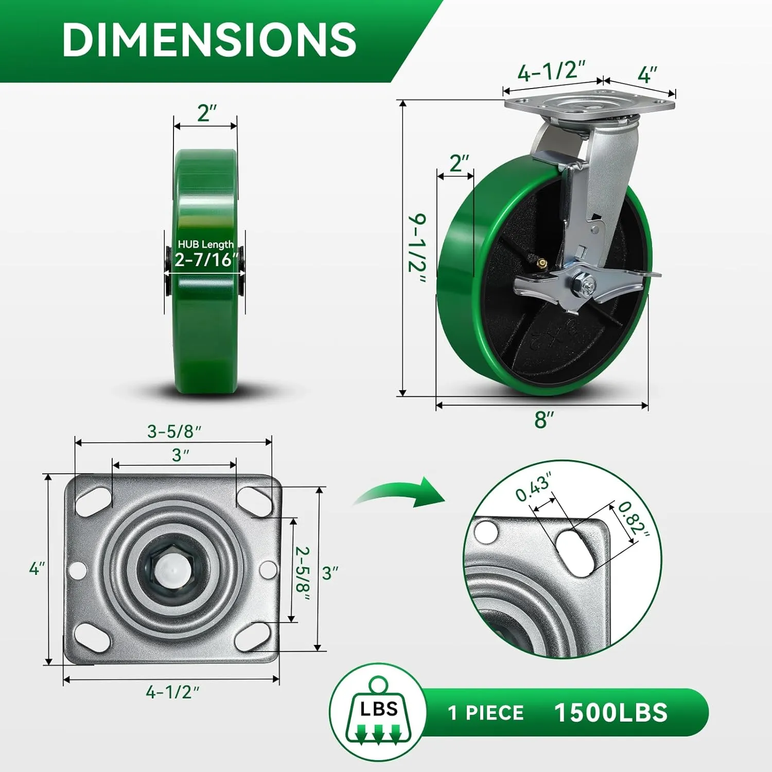 8"x2" Heavy Duty Casters- Polyurethane Casters Wheel, Casters Set of 4 Heavy Duty, Capacity up to 6000 Lb. Use for Platform Truck, U-Boat Cart, Workbenches (4 Brake)