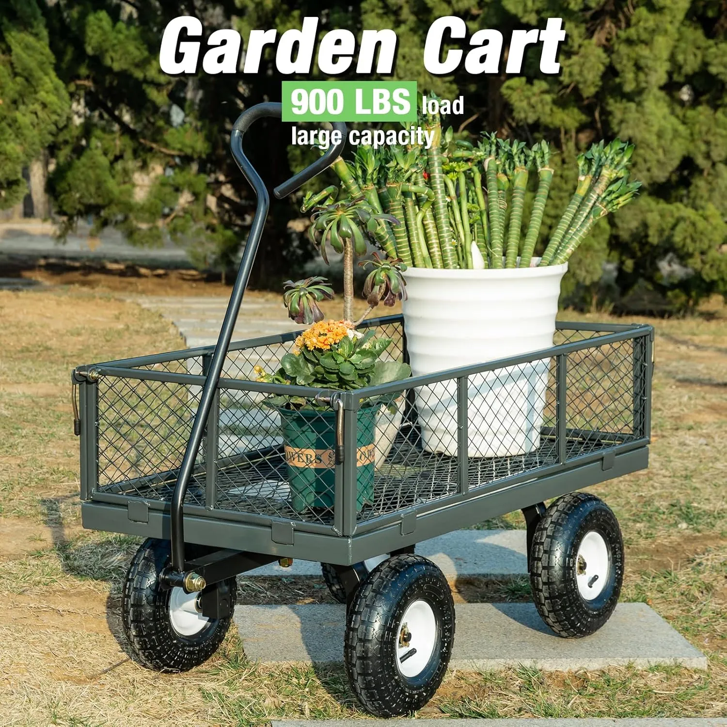 900Lbs Heavy Duty Steel Wagon Garden Carts, Utility Pullable with Removable Folding Sides, All Terrain Wagons for Outdoor, Garden, Farm, Yard, 43" x 21"x 21" inch, Grey