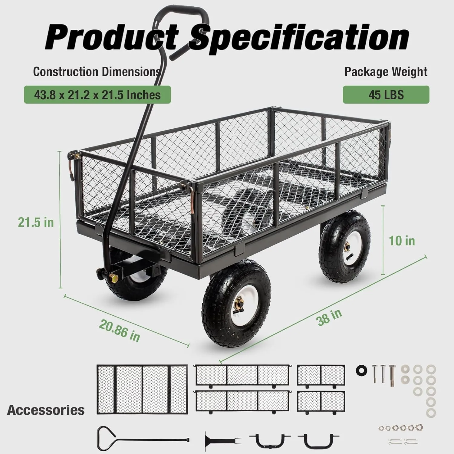 900Lbs Heavy Duty Steel Wagon Garden Carts, Utility Pullable with Removable Folding Sides, All Terrain Wagons for Outdoor, Garden, Farm, Yard, 43" x 21"x 21" inch, Grey