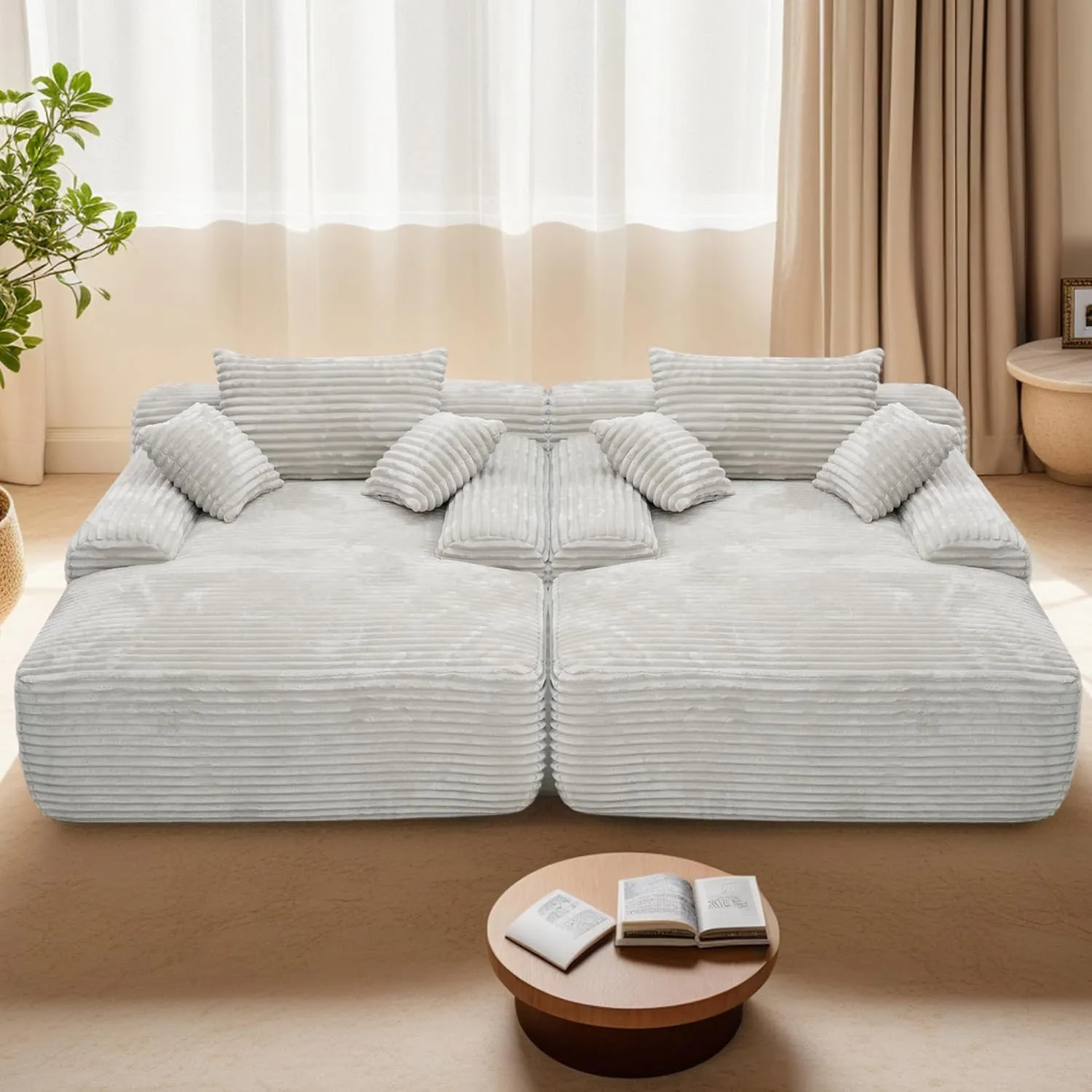 98'' Boneless Chaise Lounge Chair Indoor,Cloud Sofa Couch Bed,Sleeper Chair for Living Room Bedroom, Oversized Corduroy Couchs with 6 Pillows,No Assembly Deep Seat,White.