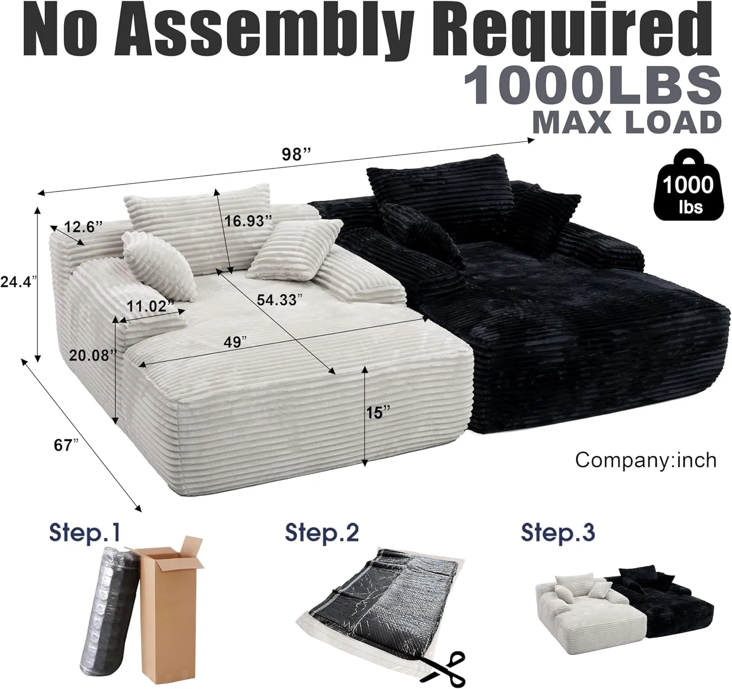 98'' Boneless Chaise Lounge Chair Indoor,Cloud Sofa Couch Bed,Sleeper Chair for Living Room Bedroom, Oversized Corduroy Couchs with 6 Pillows,No Assembly Deep Seat,White.