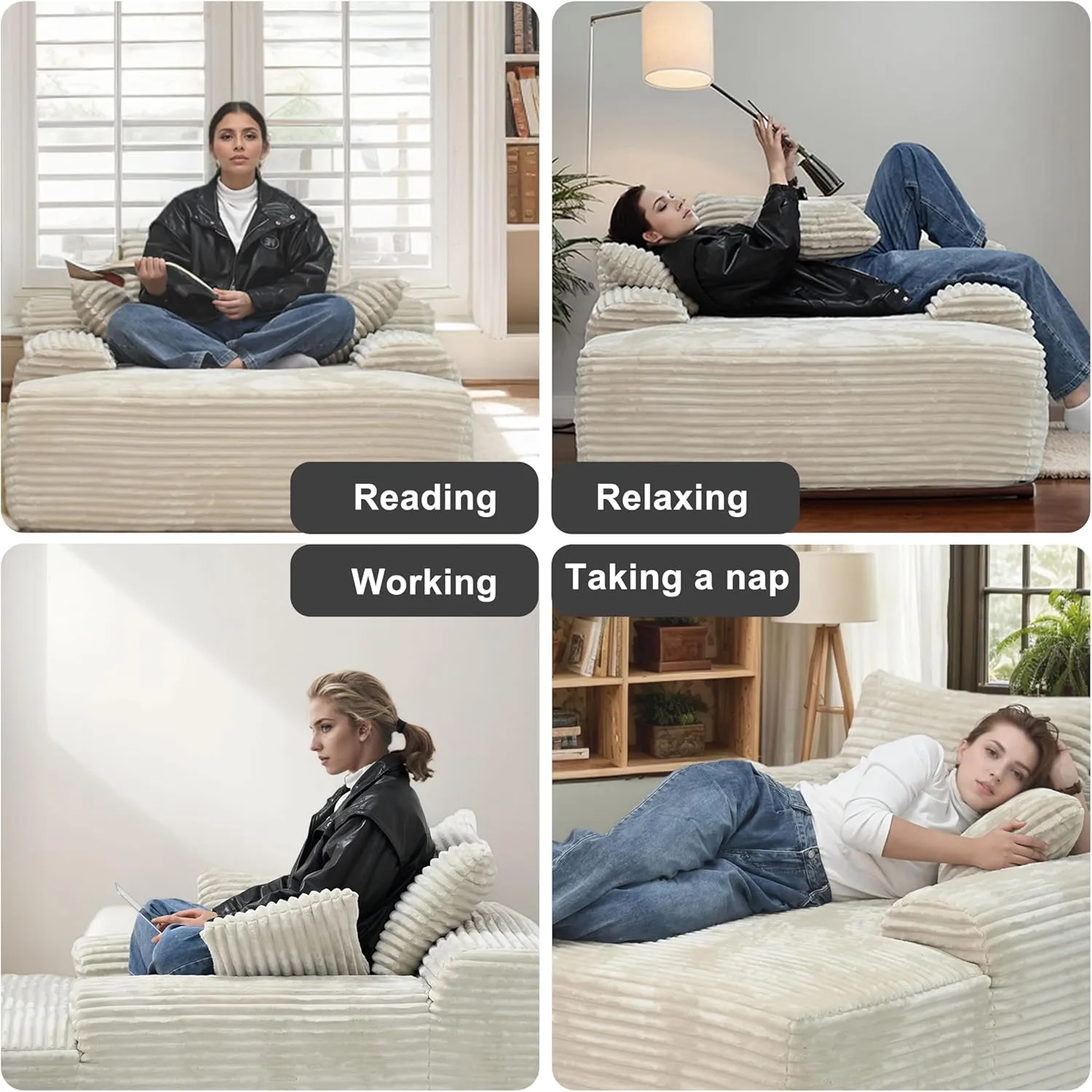 98'' Boneless Chaise Lounge Chair Indoor,Cloud Sofa Couch Bed,Sleeper Chair for Living Room Bedroom, Oversized Corduroy Couchs with 6 Pillows,No Assembly Deep Seat,White.