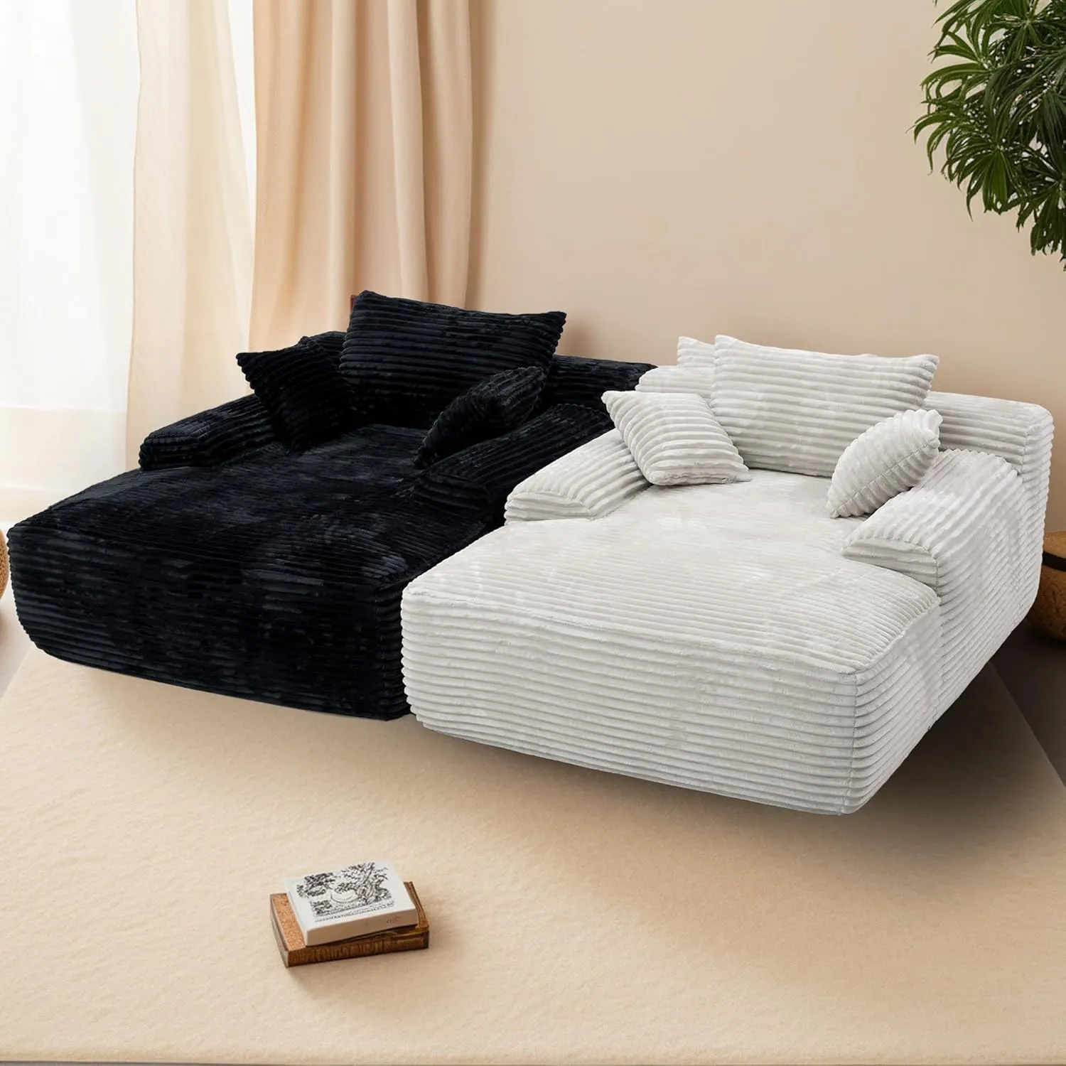 98'' Boneless Chaise Lounge Chair Indoor,Cloud Sofa Couch Bed,Sleeper Chair for Living Room Bedroom, Oversized Corduroy Couchs with 6 Pillows,No Assembly Deep Seat,White.