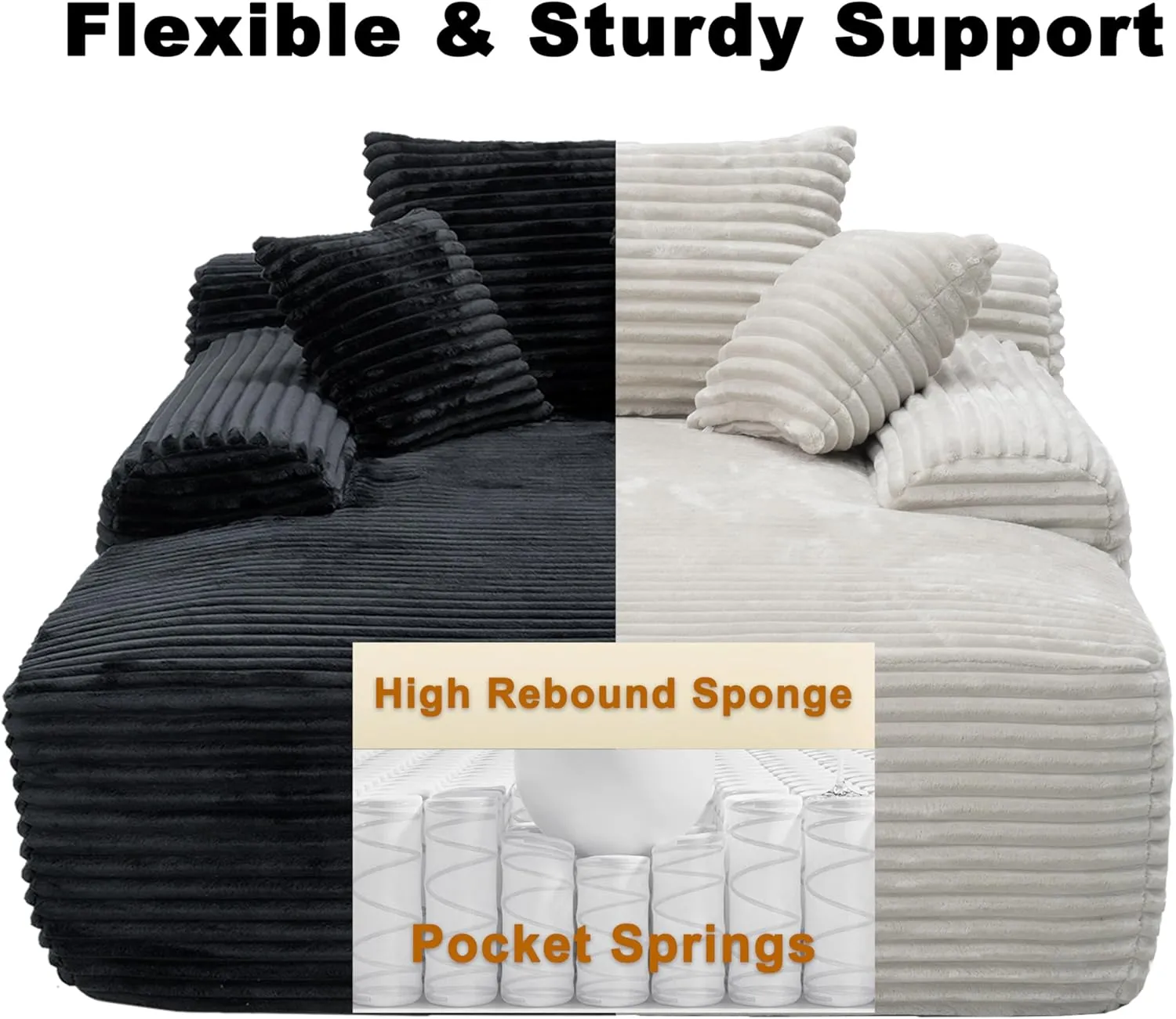 98'' Boneless Chaise Lounge Chair Indoor,Cloud Sofa Couch Bed,Sleeper Chair for Living Room Bedroom, Oversized Corduroy Couchs with 6 Pillows,No Assembly Deep Seat,White.
