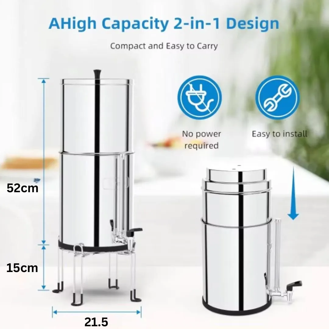 9L Gravity Water Filter Kit - 2 X Carbon Water Filters   Stand