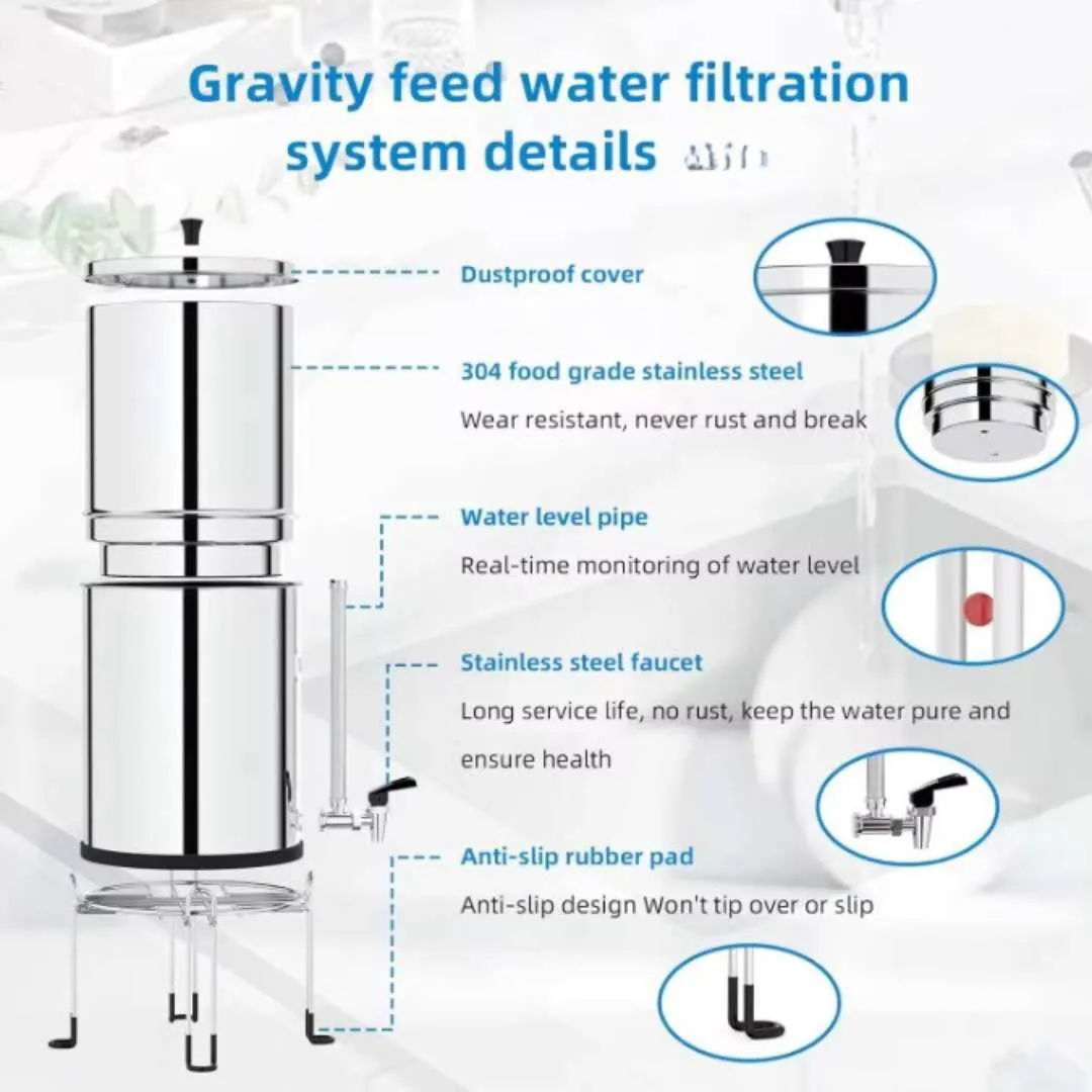 9L Gravity Water Filter Kit - 2 X Carbon Water Filters   Stand