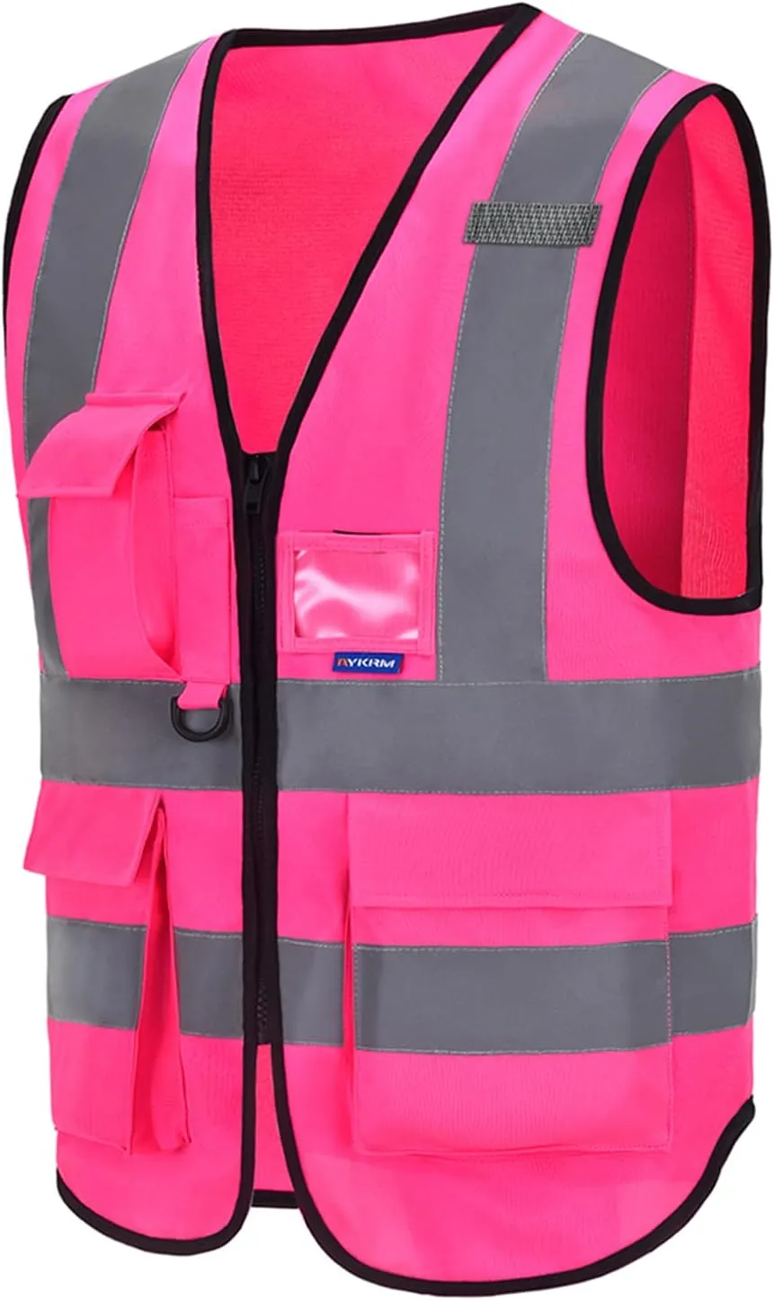 A-SAFETY Pink High Visibility Vest,Reflective Safety Vest Workwear 7 Pockets Hi Vis Durable Vest with Reflective Tapes 4 Lower Pockets,Small