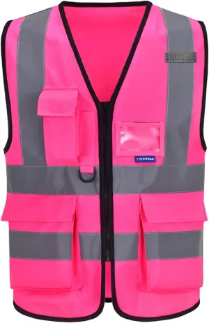 A-SAFETY Pink High Visibility Vest,Reflective Safety Vest Workwear 7 Pockets Hi Vis Durable Vest with Reflective Tapes 4 Lower Pockets,Small