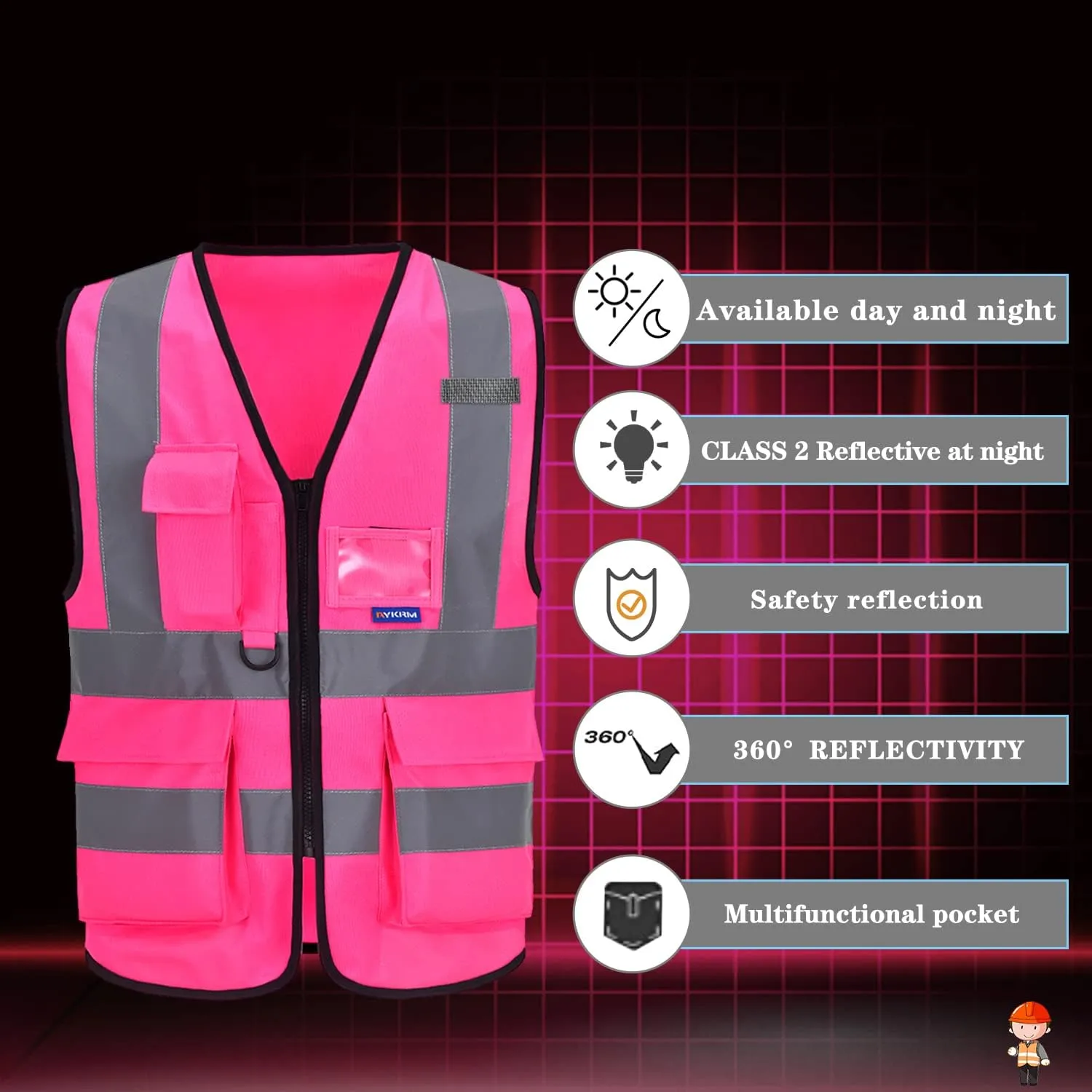 A-SAFETY Pink High Visibility Vest,Reflective Safety Vest Workwear 7 Pockets Hi Vis Durable Vest with Reflective Tapes 4 Lower Pockets,Small