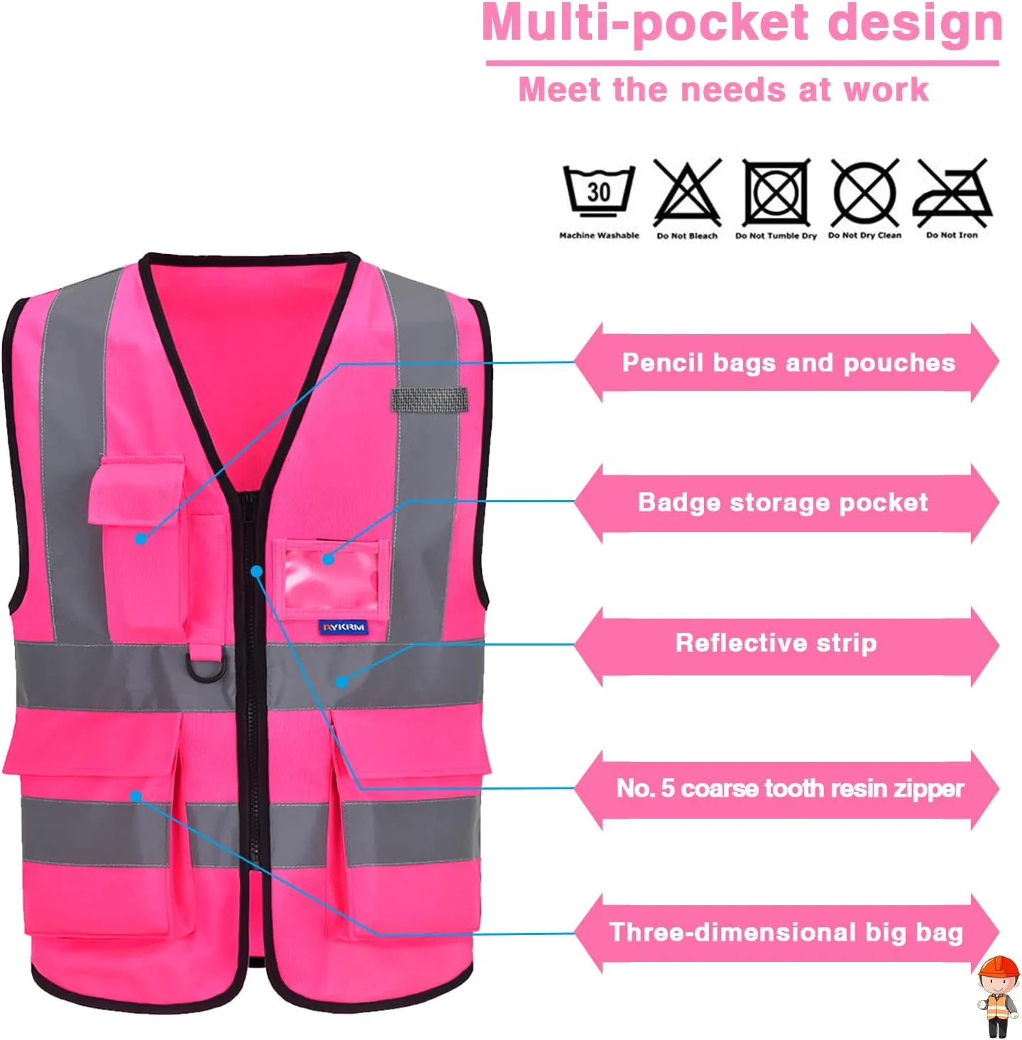 A-SAFETY Pink High Visibility Vest,Reflective Safety Vest Workwear 7 Pockets Hi Vis Durable Vest with Reflective Tapes 4 Lower Pockets,Small