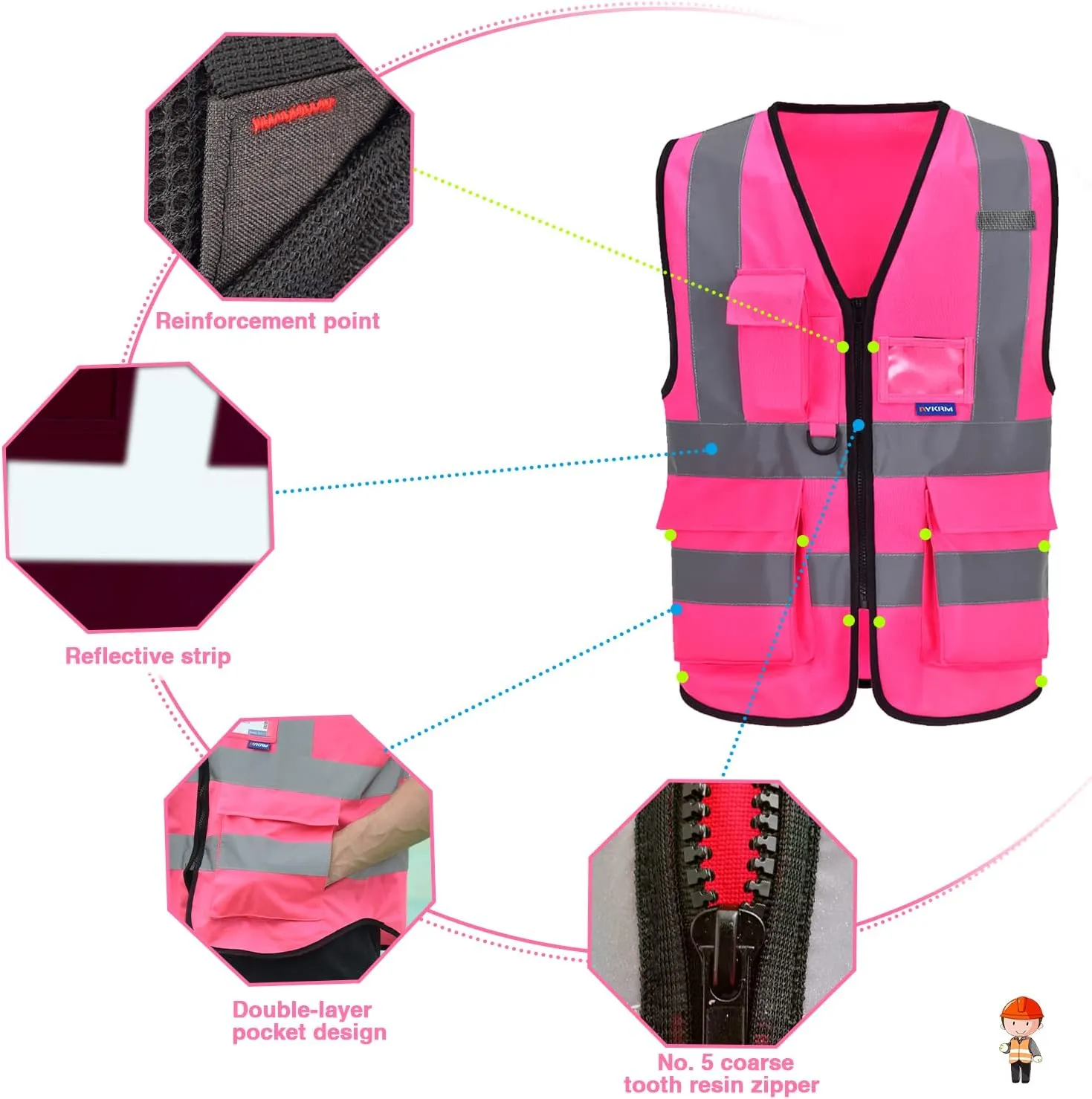 A-SAFETY Pink High Visibility Vest,Reflective Safety Vest Workwear 7 Pockets Hi Vis Durable Vest with Reflective Tapes 4 Lower Pockets,Small