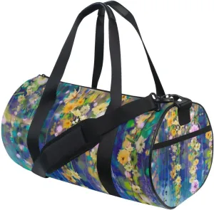 Abstract Floral Watercolor White, Yellow Red Ivy Flowers on Blue Duffel Bag, Foldable Canvas Travel Tote for Gym Sports with Inner Pockets, Durable Lightweight Fitness Bag for Overnight Workout