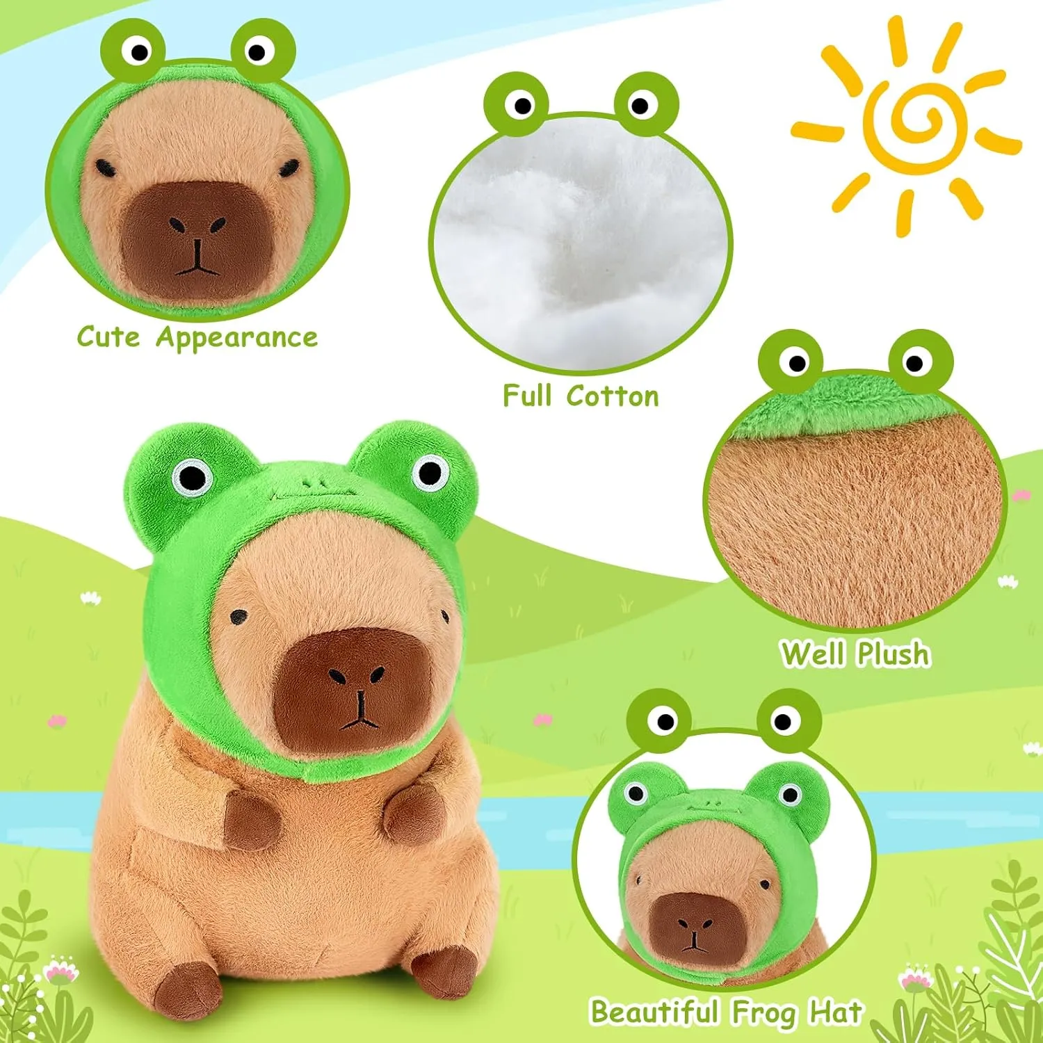 Achwishap Capybara Plush,Cute Plushies Capybara Stuffed Animals,Capybara Plush Toys,Kawaii Plushie Stuffed Toy with Frog Hat Plushies Gift for Kids Adults Birthday(Capybara with Frog Hat,12”)