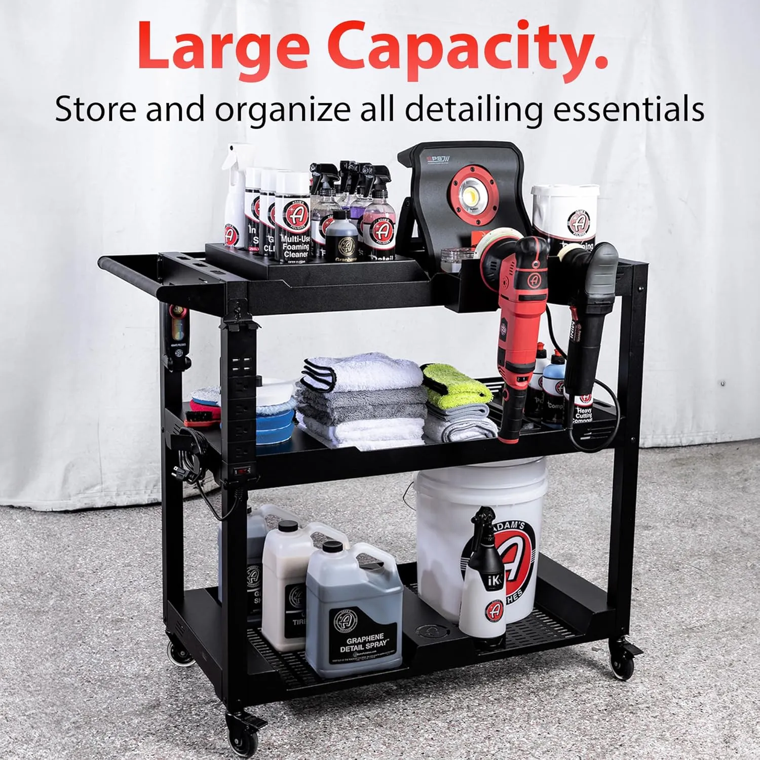 Adam's Polishes Professional Detail Cart Powder Coated Metal Car Detailing Cart for Garage | Storage Space, Rolling Premium Locking Casters, Polisher Holders, Heavy Duty Workshop, Detailers Garage