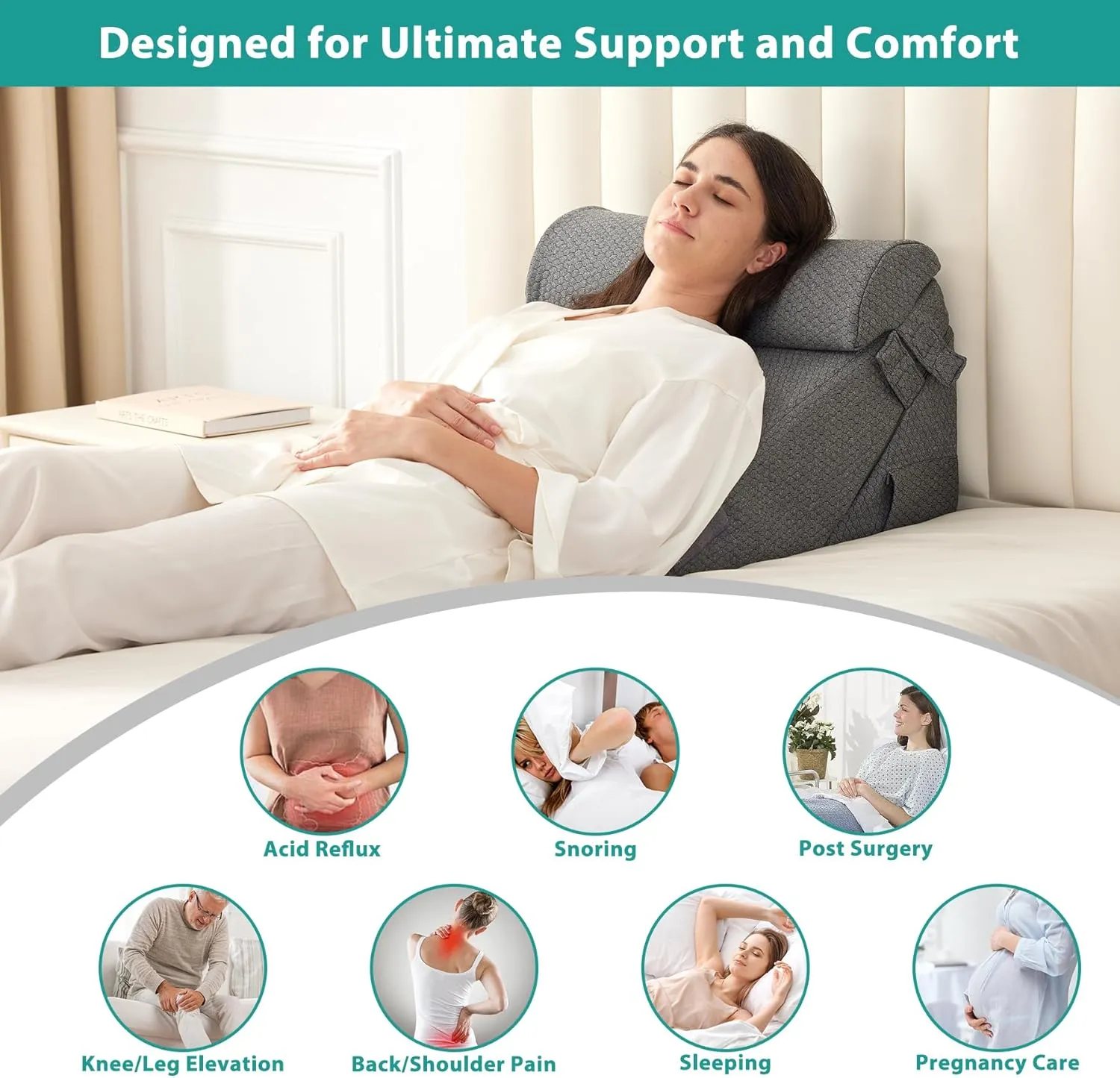 Adjustable 4pcs Bed Wedge Pillow Set, Memory Foam Wedge Pillows Post Surgery for Back, Neck, Leg Pain Relief, Pillow Wedge for Sleeping, Sitting up in Bed, Acid Reflux and GERD, Grey
