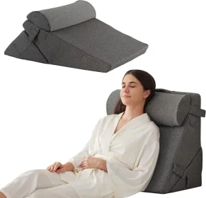 Adjustable 4pcs Bed Wedge Pillow Set, Memory Foam Wedge Pillows Post Surgery for Back, Neck, Leg Pain Relief, Pillow Wedge for Sleeping, Sitting up in Bed, Acid Reflux and GERD, Grey