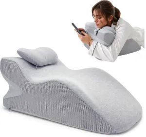 Adult Ergonomic Memory Foam Bed Triangle Wedge Pillow Headboard for Sitting up Back Neck Pain Relief with Face Down Massage Prone Pillow Function for Reading, with Washable Cover (Grey)