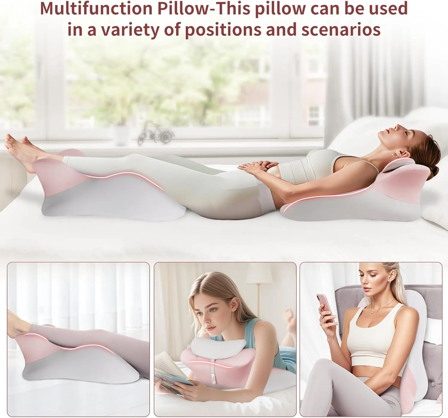 Adult Memory Foam Ergonomic Wedge Prone Pillow, Bed Pillow for Sitting Up, Back, Neck, and Leg Pain Relief, Anti Snoring, Ideal for Massage, Reading, Sleeping, with Removable Washable Cover, Pink