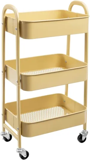AGTEK Makeup Cart, Movable Rolling Organizer Cart, Khaki Yellow 3 Tier Metal Utility Cart