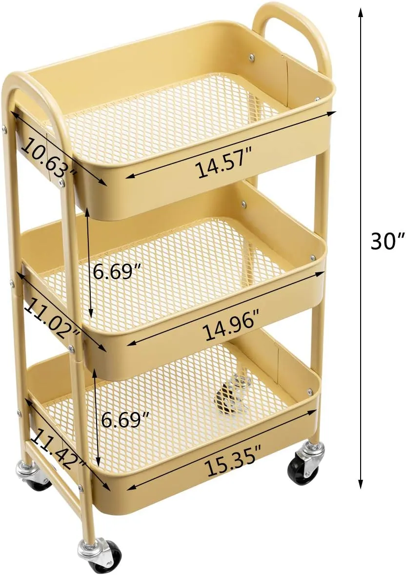 AGTEK Makeup Cart, Movable Rolling Organizer Cart, Khaki Yellow 3 Tier Metal Utility Cart