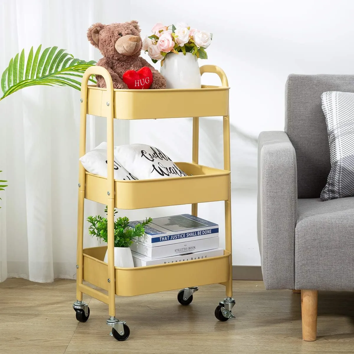 AGTEK Makeup Cart, Movable Rolling Organizer Cart, Khaki Yellow 3 Tier Metal Utility Cart