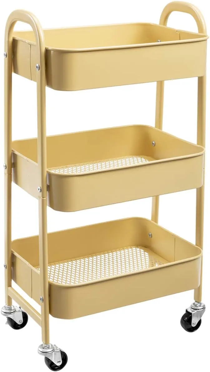 AGTEK Makeup Cart, Movable Rolling Organizer Cart, Khaki Yellow 3 Tier Metal Utility Cart