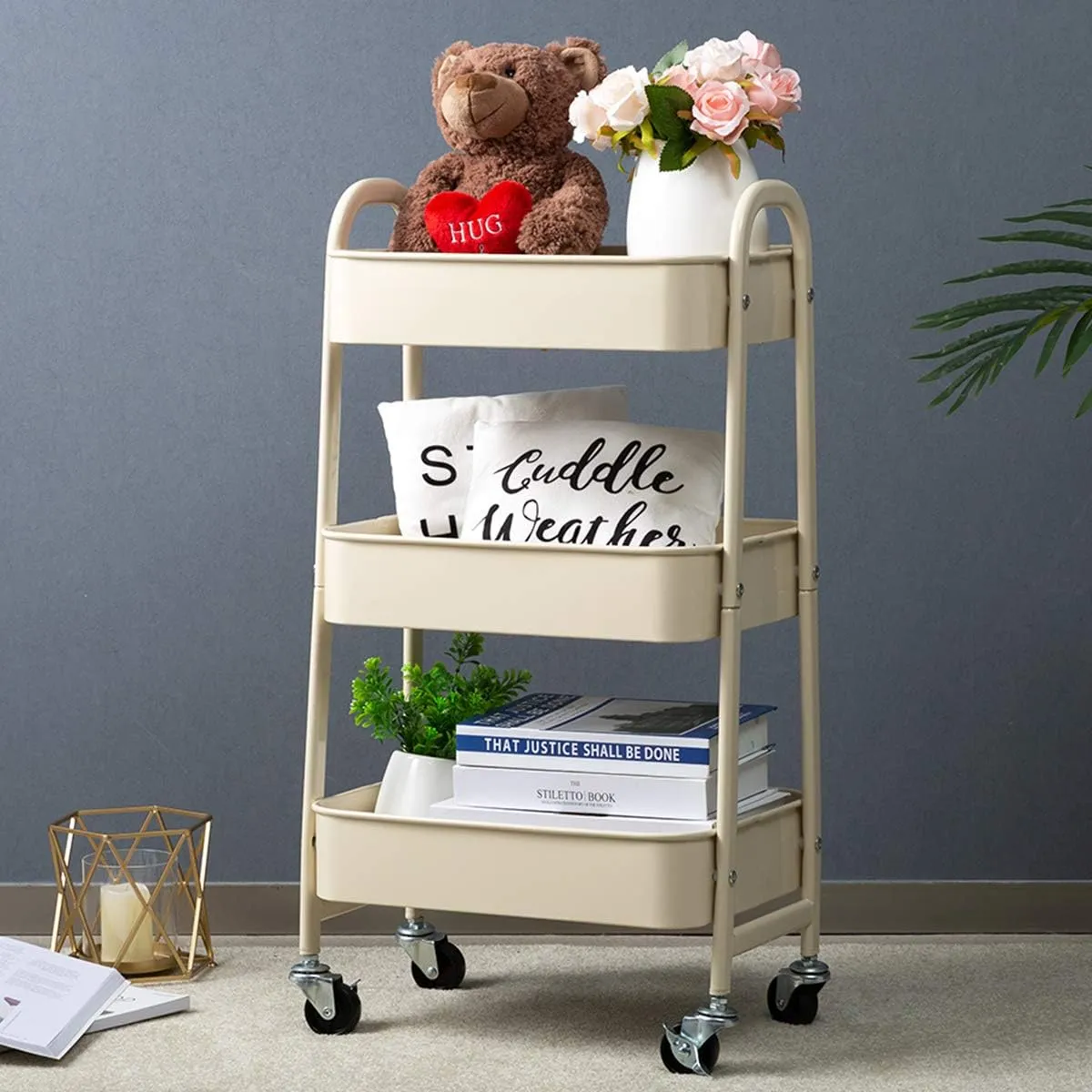 AGTEK Makeup Cart, Movable Rolling Organizer Cart,3 Tier Metal Utility Cart, Beige