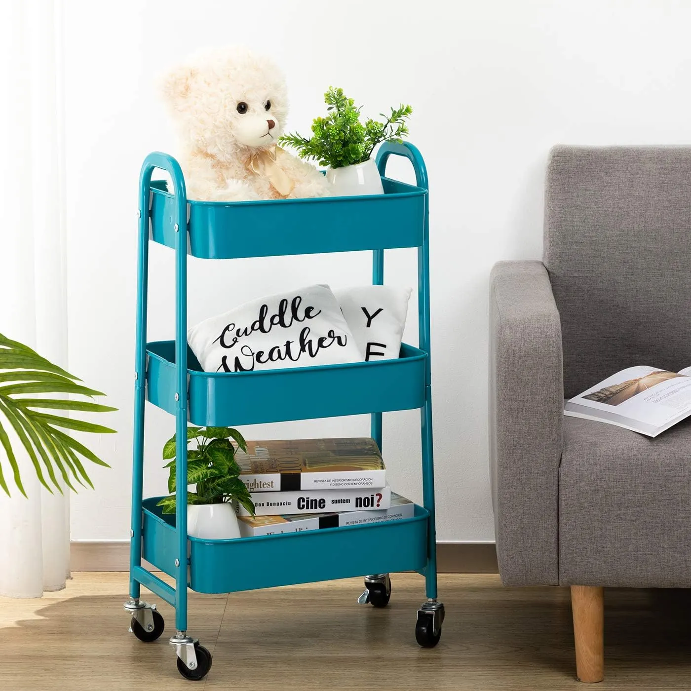 AGTEK Makeup Rolling Cart, 3 Tier Movable Rolling Organizer Storage Trolley Metal Utility Cart, Peacock Blue