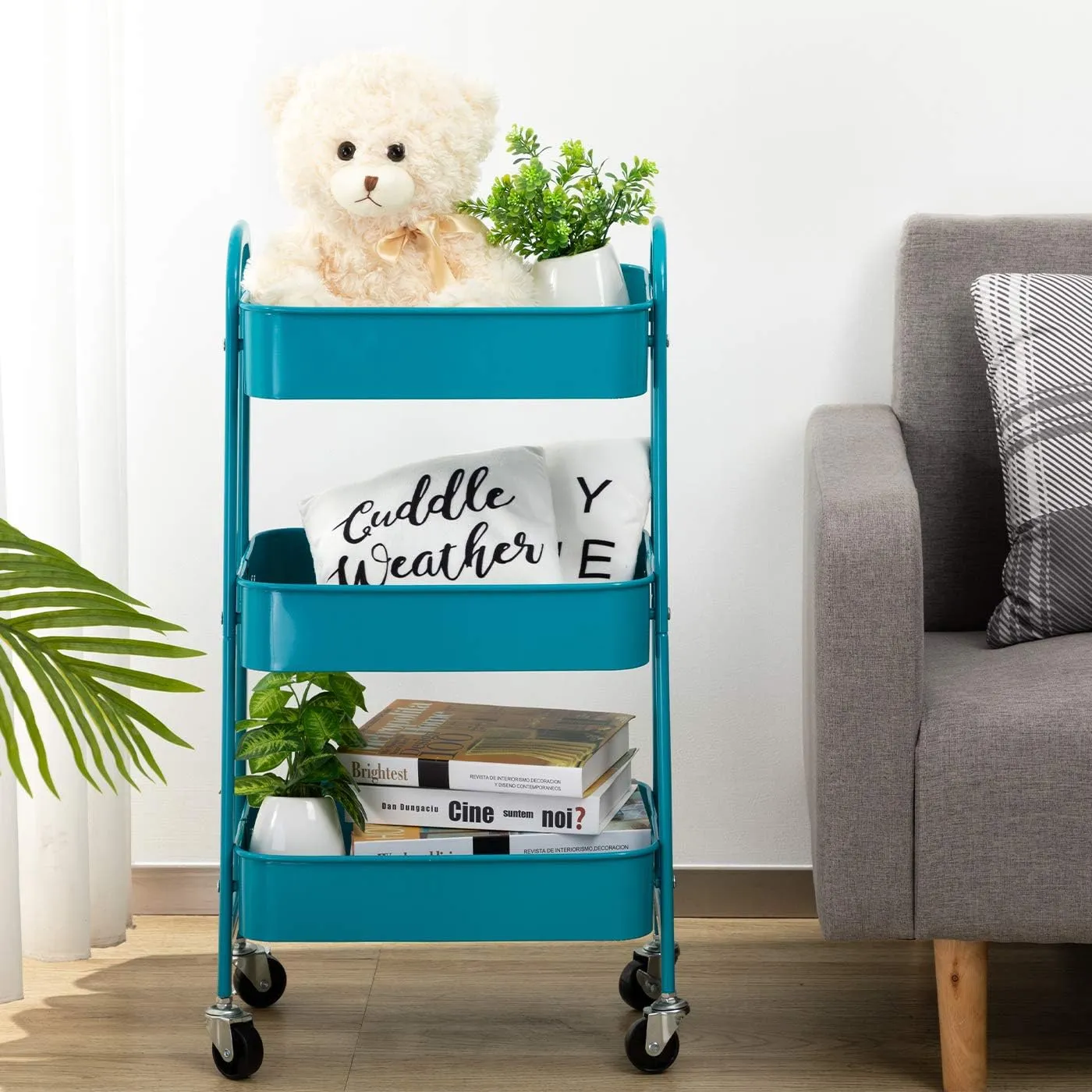 AGTEK Makeup Rolling Cart, 3 Tier Movable Rolling Organizer Storage Trolley Metal Utility Cart, Peacock Blue