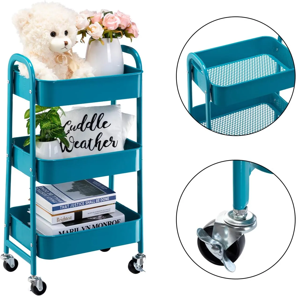 AGTEK Makeup Rolling Cart, 3 Tier Movable Rolling Organizer Storage Trolley Metal Utility Cart, Peacock Blue