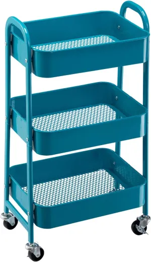 AGTEK Makeup Rolling Cart, 3 Tier Movable Rolling Organizer Storage Trolley Metal Utility Cart, Peacock Blue