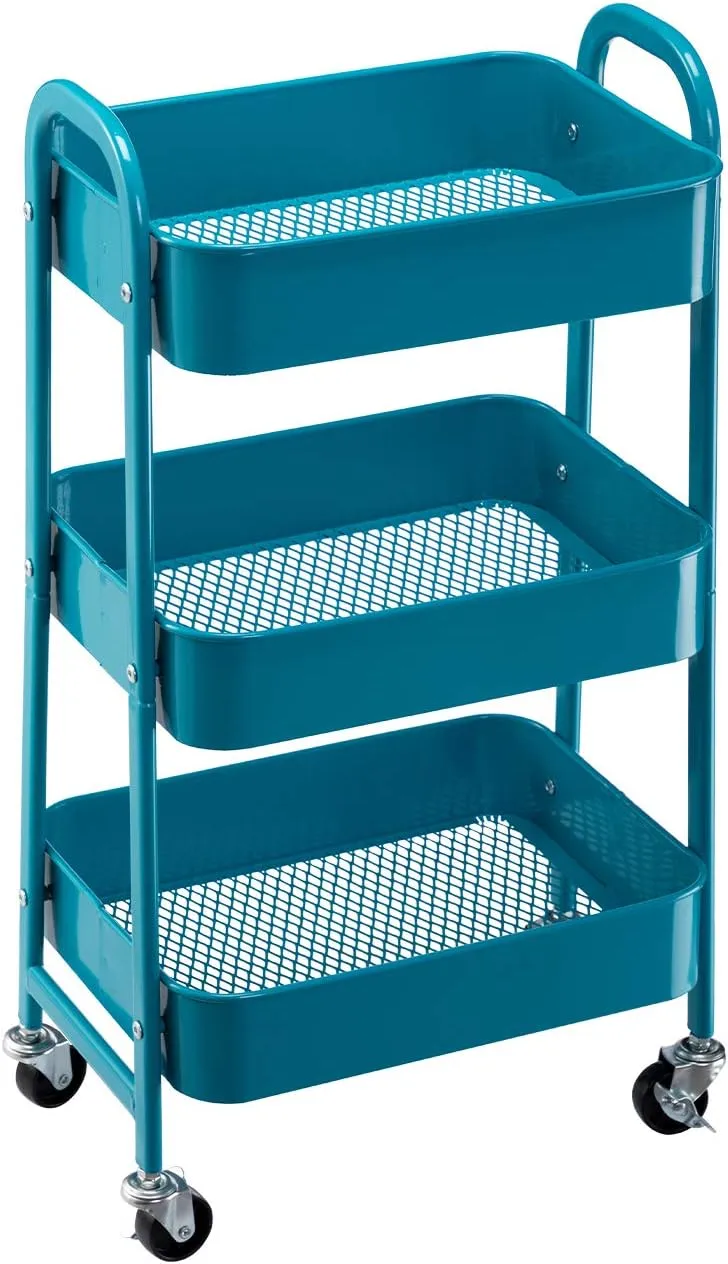 AGTEK Makeup Rolling Cart, 3 Tier Movable Rolling Organizer Storage Trolley Metal Utility Cart, Peacock Blue