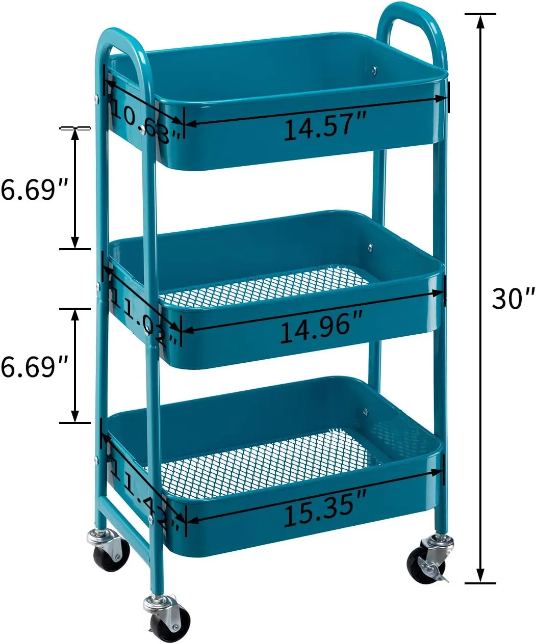 AGTEK Makeup Rolling Cart, 3 Tier Movable Rolling Organizer Storage Trolley Metal Utility Cart, Peacock Blue